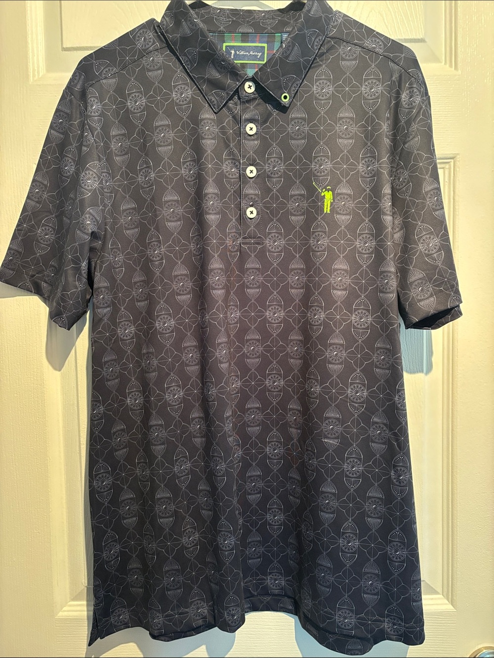 William Murray Golf Charcoal Geo-Print Polo with Neon Yellow Logo
